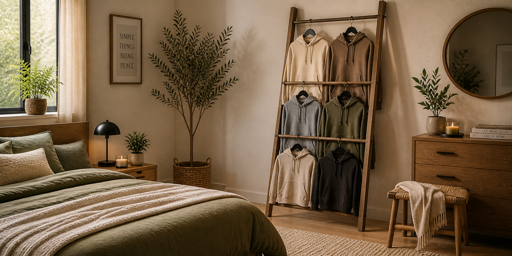Modern bedroom with a leaning wooden ladder rack displaying hoodies in soft neutral tones, complemented by plants and natural decor.