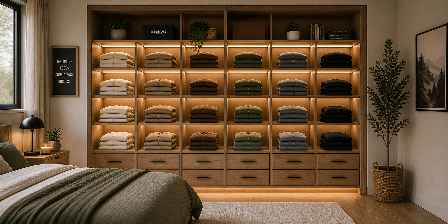 Custom-built-in closet with evenly sized wooden cubbies neatly stacked with folded hoodies, illuminated by soft LED lighting.