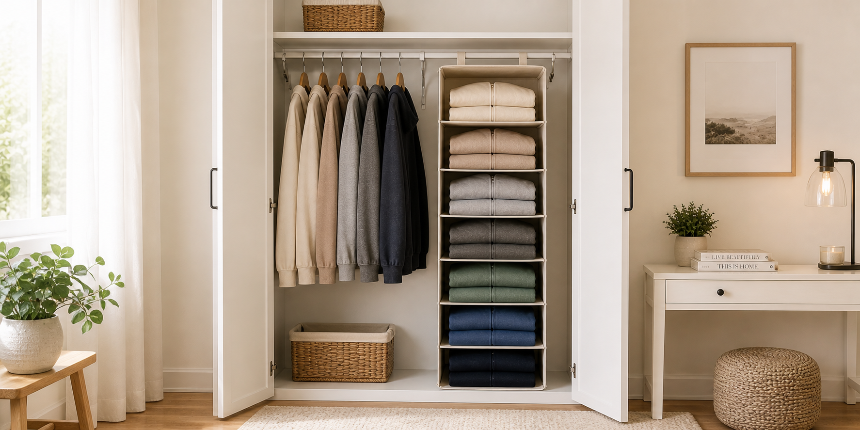 Compact wardrobe featuring fabric hanging shelves filled with folded hoodies in gradient colors, set against clean white closet walls.