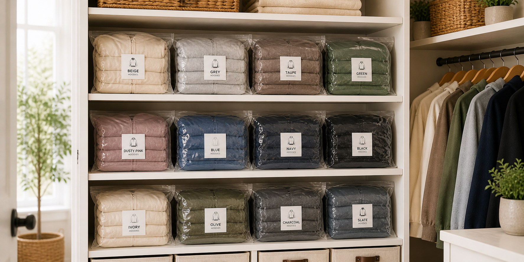 Closet shelf with transparent vacuum-sealed bags neatly labeled and stacked, each containing folded hoodies in assorted colors.