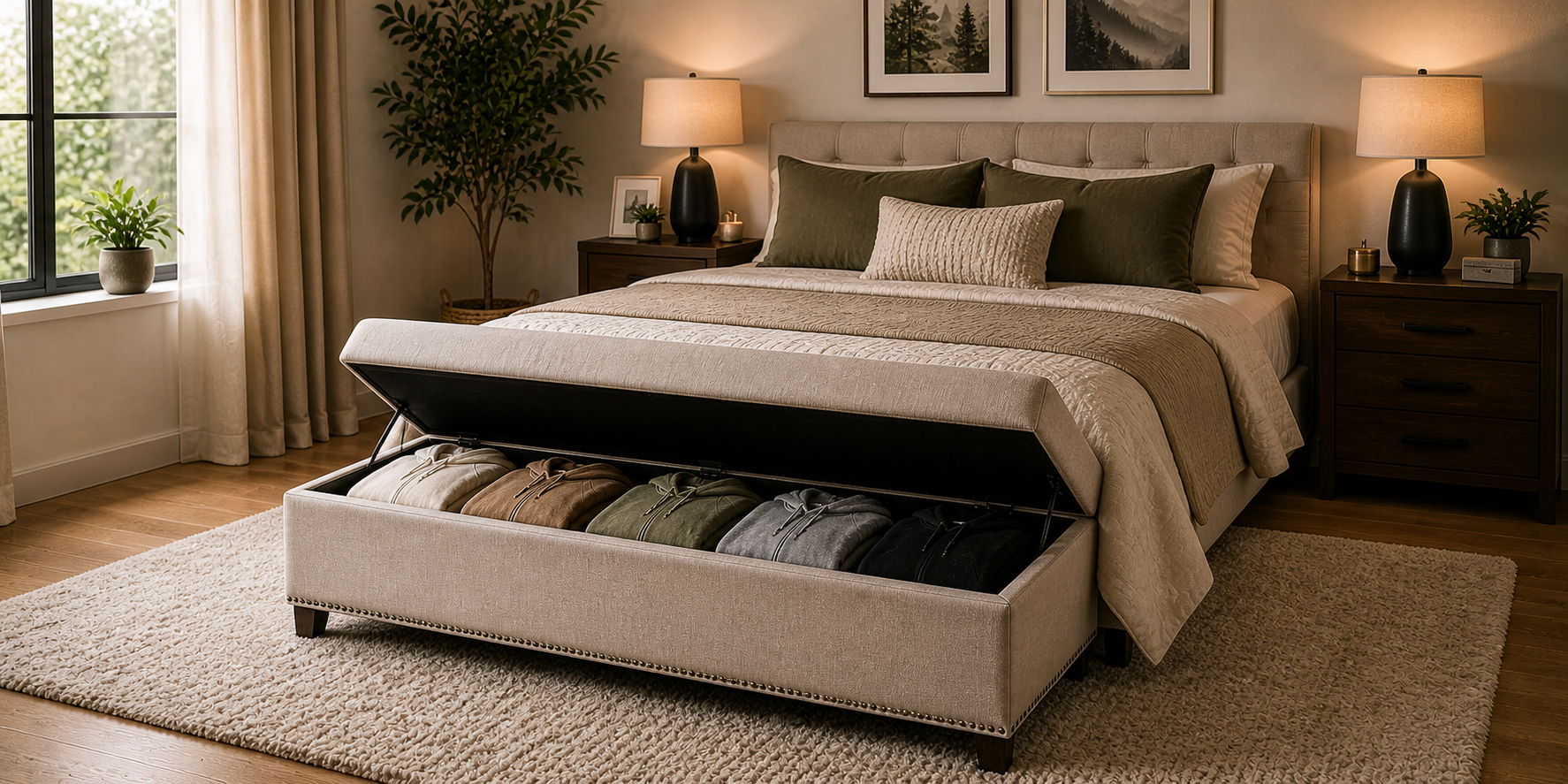 Bedroom with upholstered storage ottoman at the foot of the bed, neatly folded hoodies arranged inside under a cushioned lid.