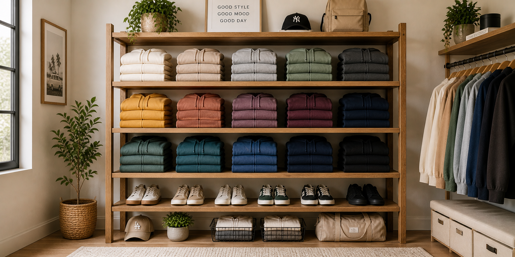 Open-tier wooden rack displaying folded hoodies organized by color, styled with coordinating sneakers and accessories for a boutique look.