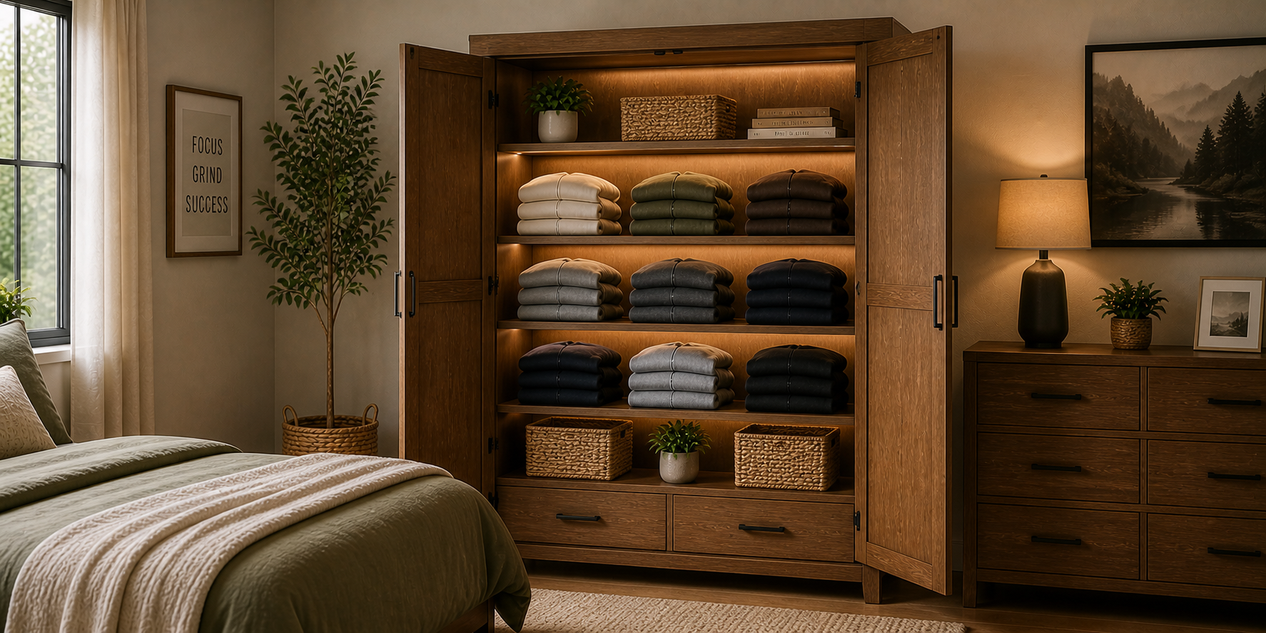 Elegant wooden armoire with open doors revealing neatly folded hoodies, soft interior lighting, and coordinated storage baskets.