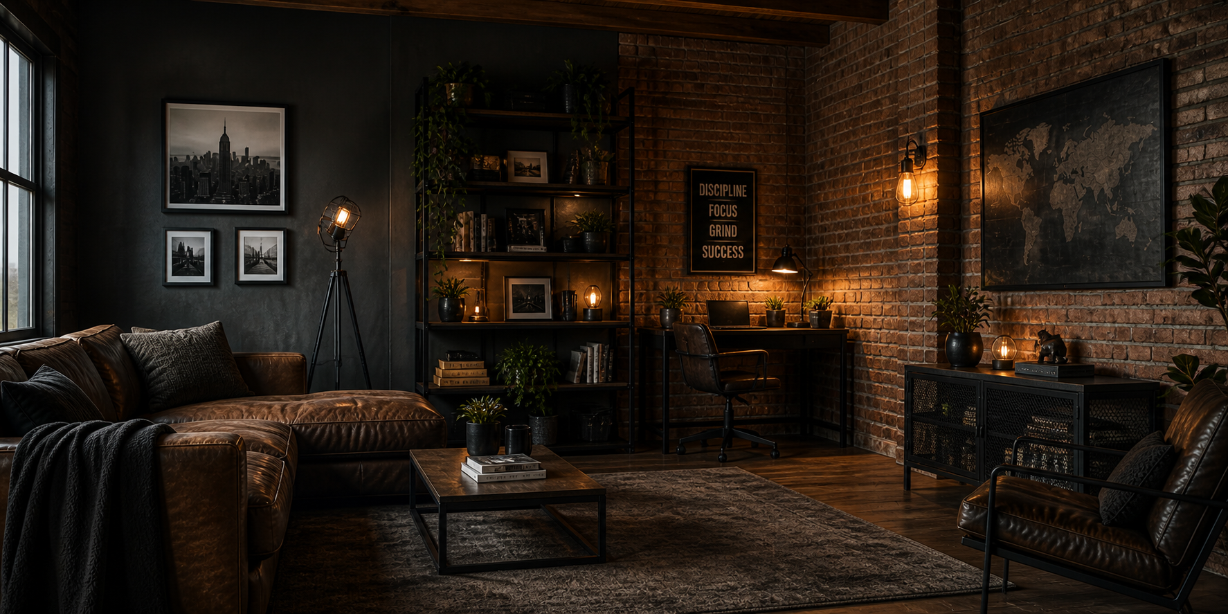 Industrial bachelor pad wall with exposed brick, black steel shelves, warm Edison lighting, and leather furniture in a dimly lit modern setting.