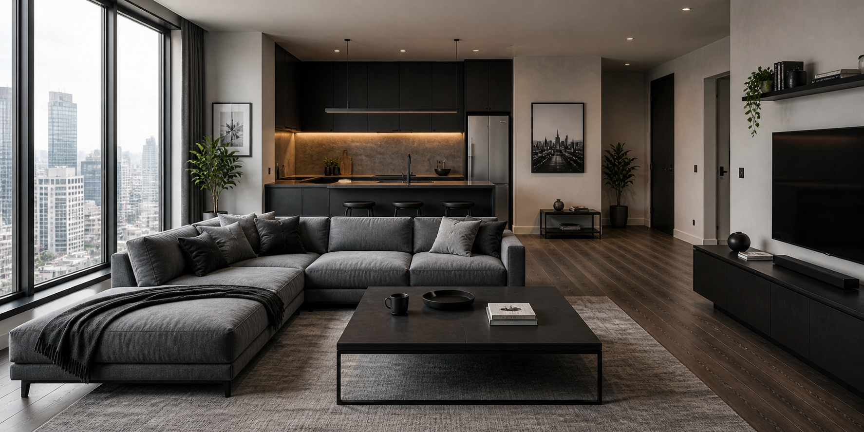 Minimalist bachelor apartment with low-profile furniture, gray sectional, black coffee table, and clean lines under soft natural light.