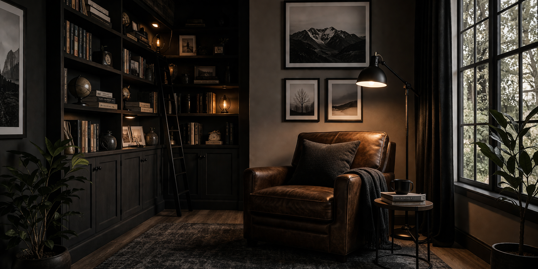 Masculine reading corner featuring a deep brown leather armchair, black floor lamp, and bookshelves in moody lighting.
