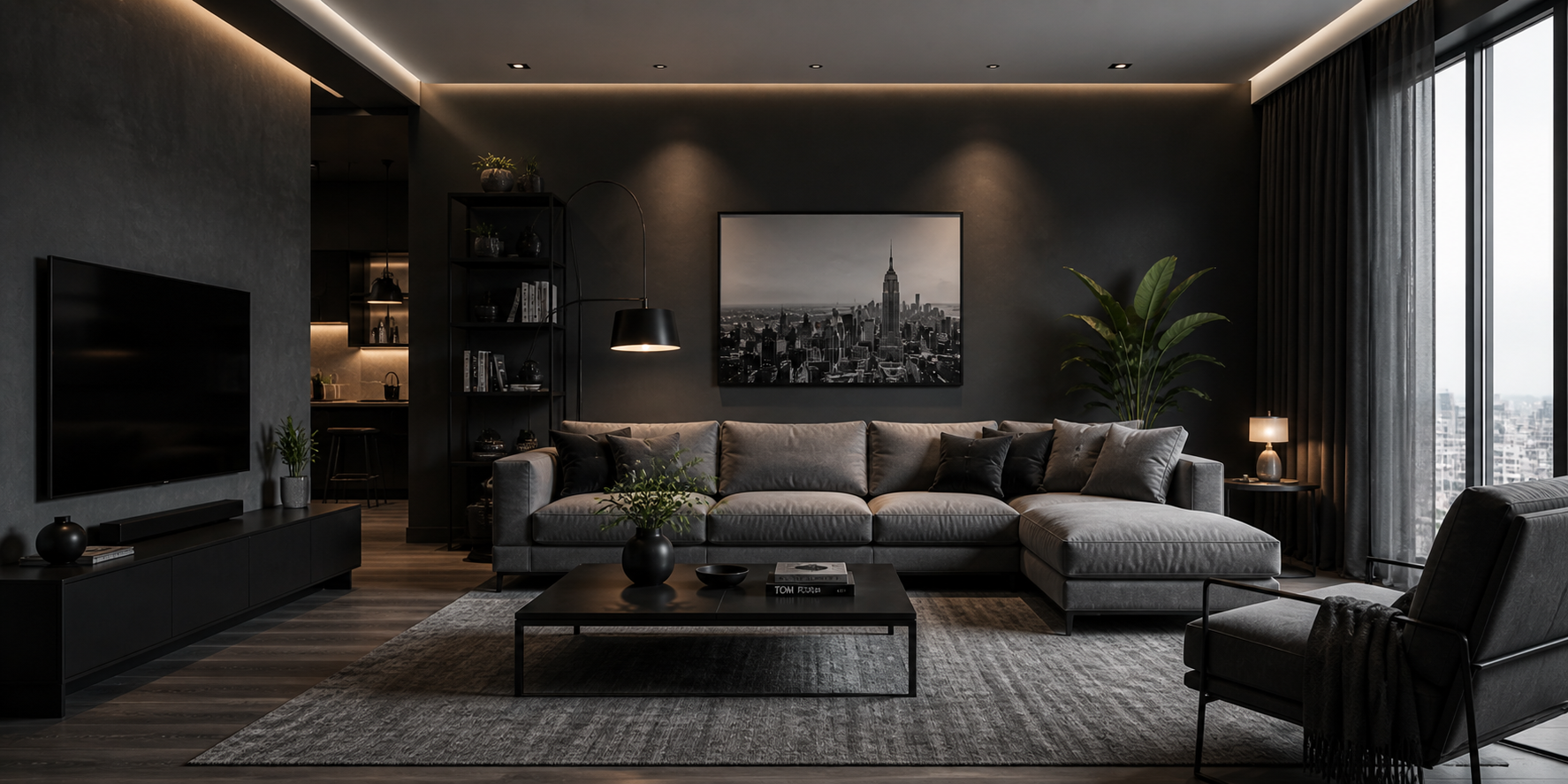 Modern monochrome living room with charcoal walls, gray sofa, black accents, and soft ambient lighting.