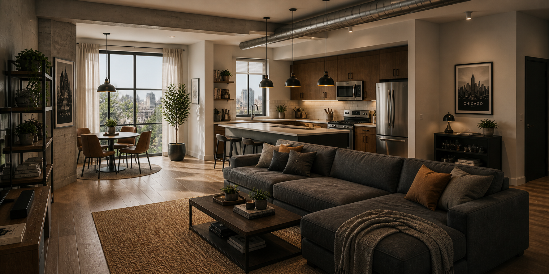 Spacious bachelor apartment with open layout, sectional sofa dividing living and kitchen areas, natural lighting, and neutral tones.