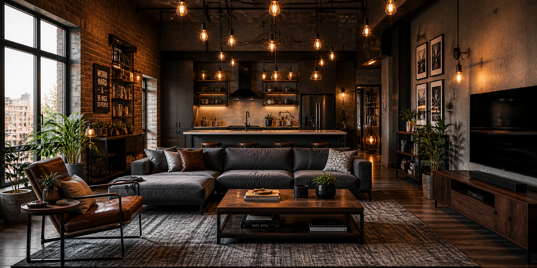 Industrial lighting setup with Edison bulbs, black metal fixtures, and warm glow over exposed brick and modern furniture.