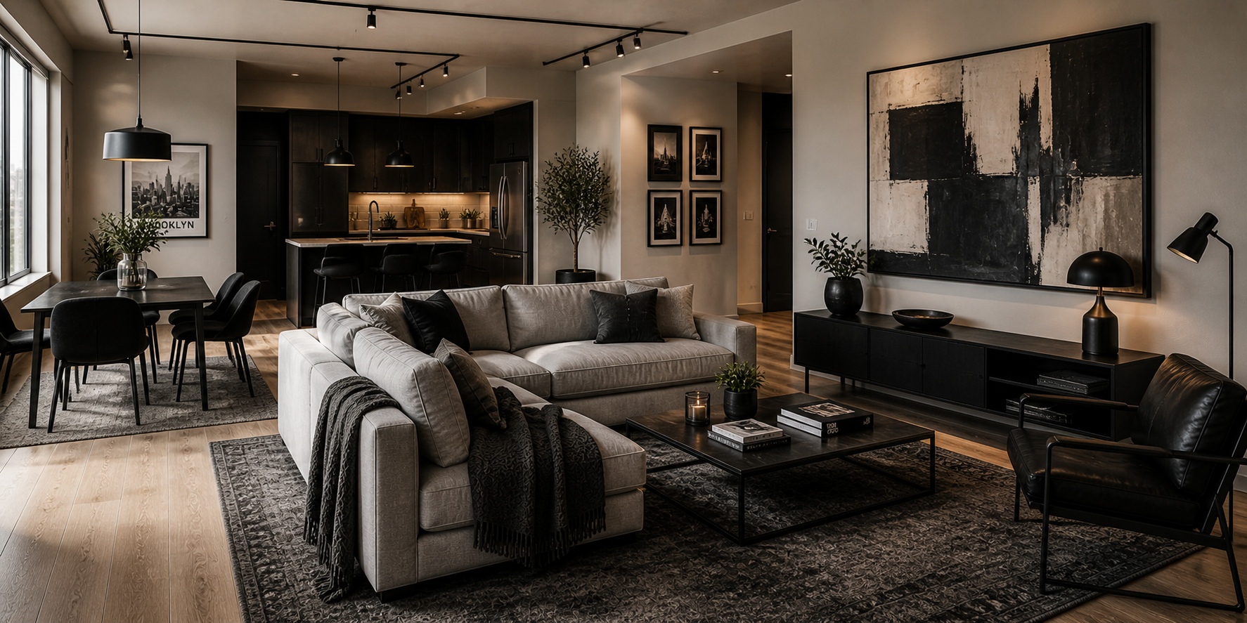 Bachelor living space with large abstract artwork, black-and-white photography, and matte black accents on neutral walls.