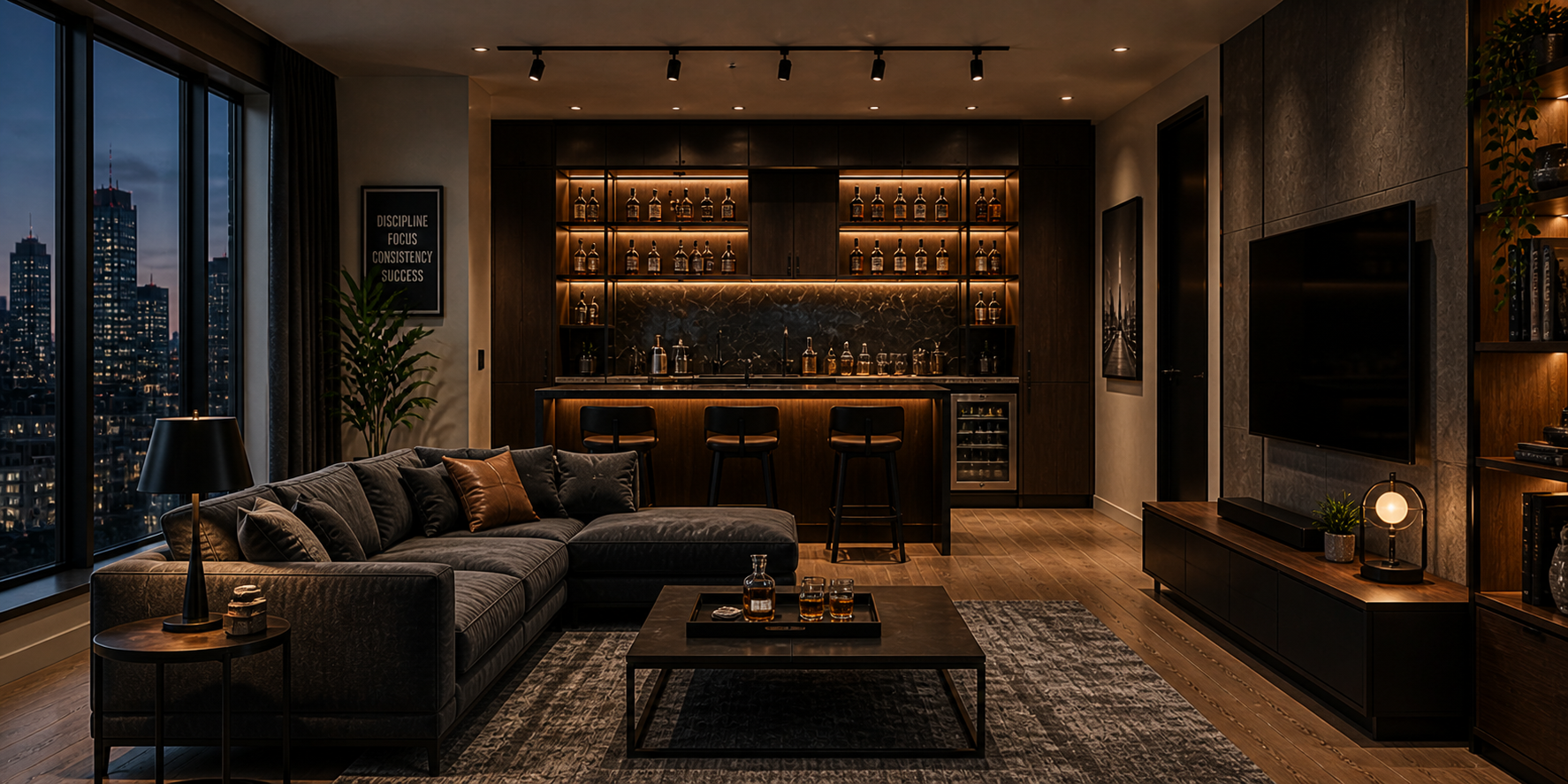 Modern home bar with dark wood cabinetry, glass shelves, whiskey bottles, and warm accent lighting in a bachelor apartment.