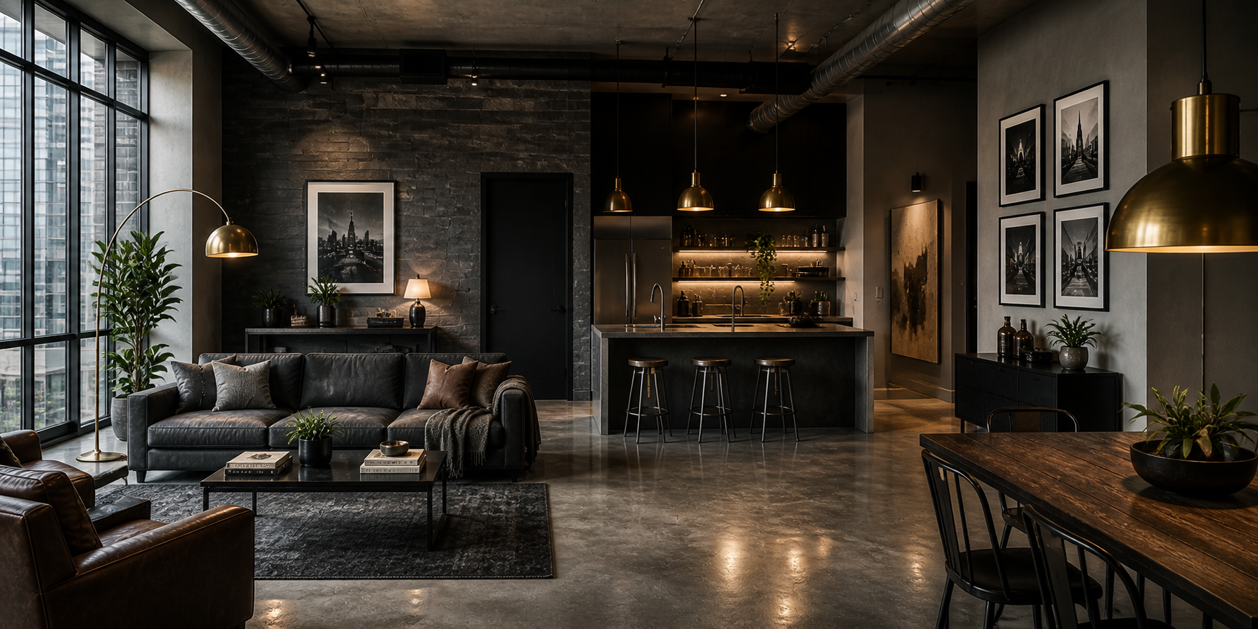 Bachelor pad interior featuring polished concrete floors, slate walls, and brass lighting fixtures for an industrial-modern look.