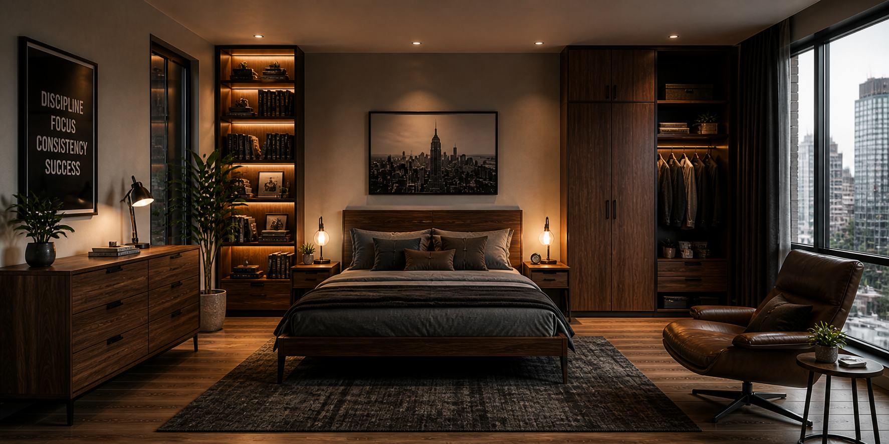 Modern bachelor bedroom with walnut furniture, neutral walls, and warm ambient lighting creating a cozy masculine tone.