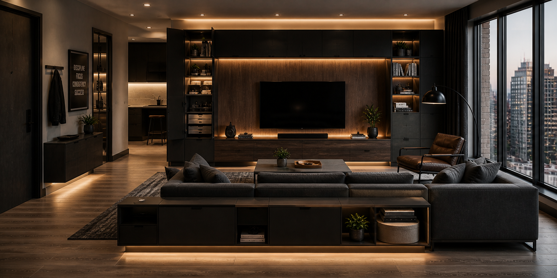 Bachelor pad living room featuring hidden storage furniture, floating wall cabinets, and minimalist organization in a modern interior.