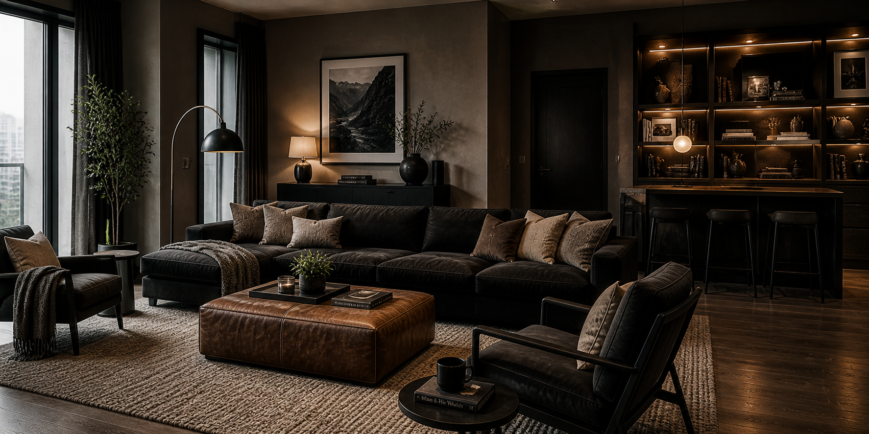 Masculine living space with layered textiles — wool rug, leather ottoman, linen cushions, and soft lighting over dark furniture.