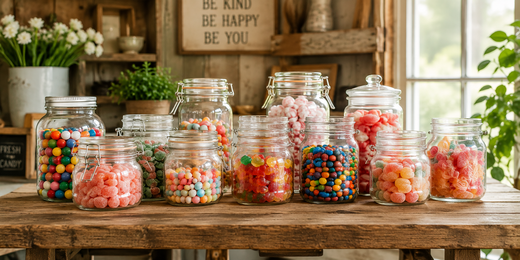 Rustic wooden table with assorted glass mason jars filled with colorful candies, soft natural light highlighting the textures and hues.