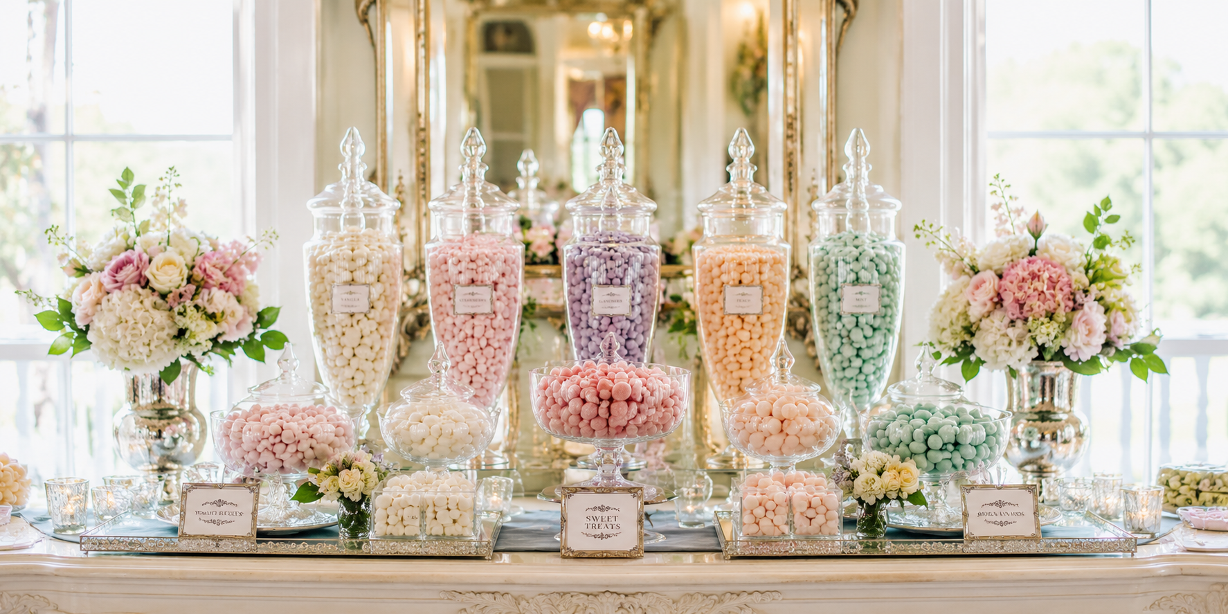 Elegant dessert table with tall apothecary jars layered with candies in pastel shades, accented with small labels and mirrored trays.
