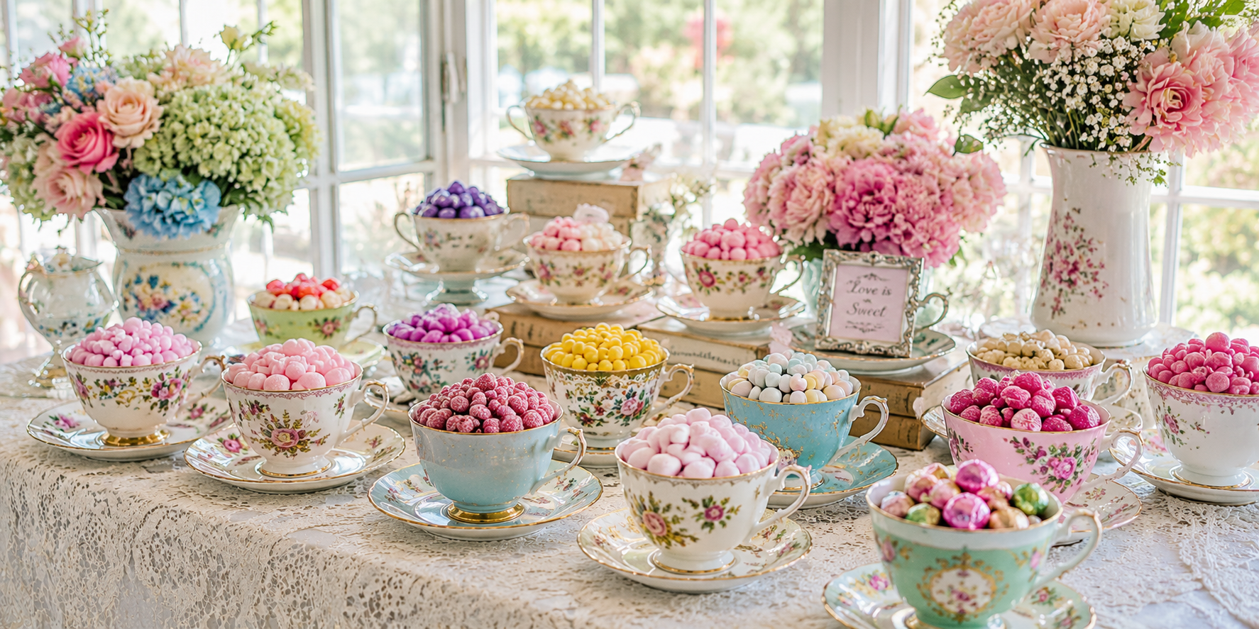 Assorted vintage teacups filled with candies, arranged on lace tablecloths with soft pastel flowers and natural daylight.
