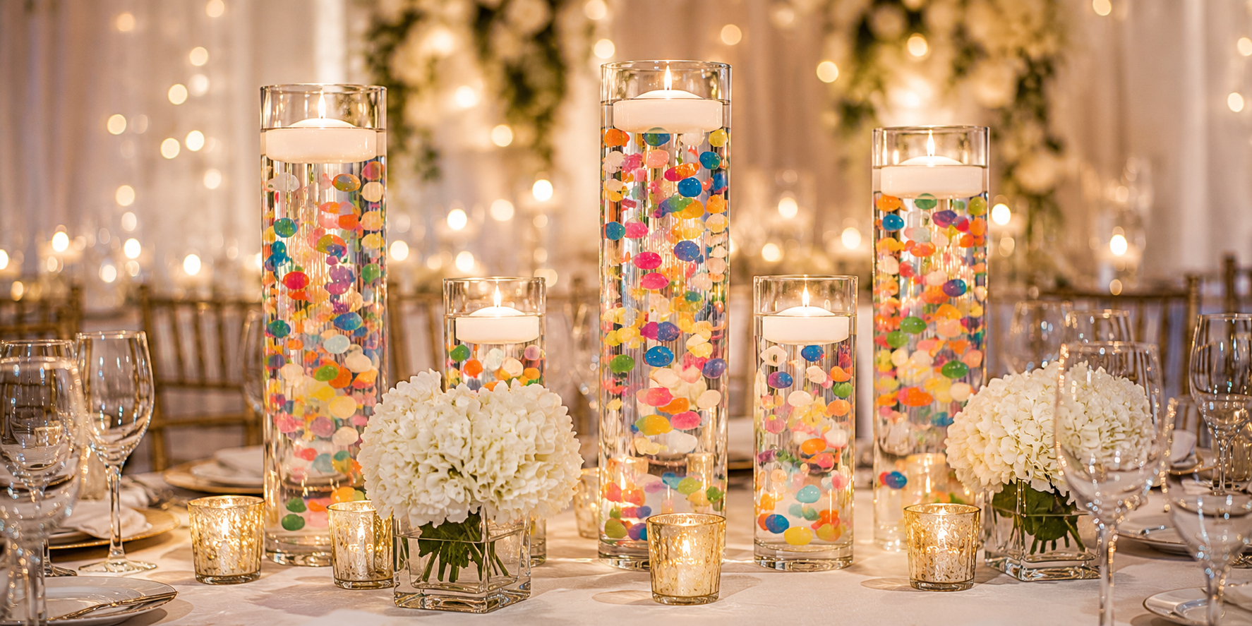 Tall glass vases filled with clear water, colorful floating candies, and softly glowing candles in an elegant event setting.
