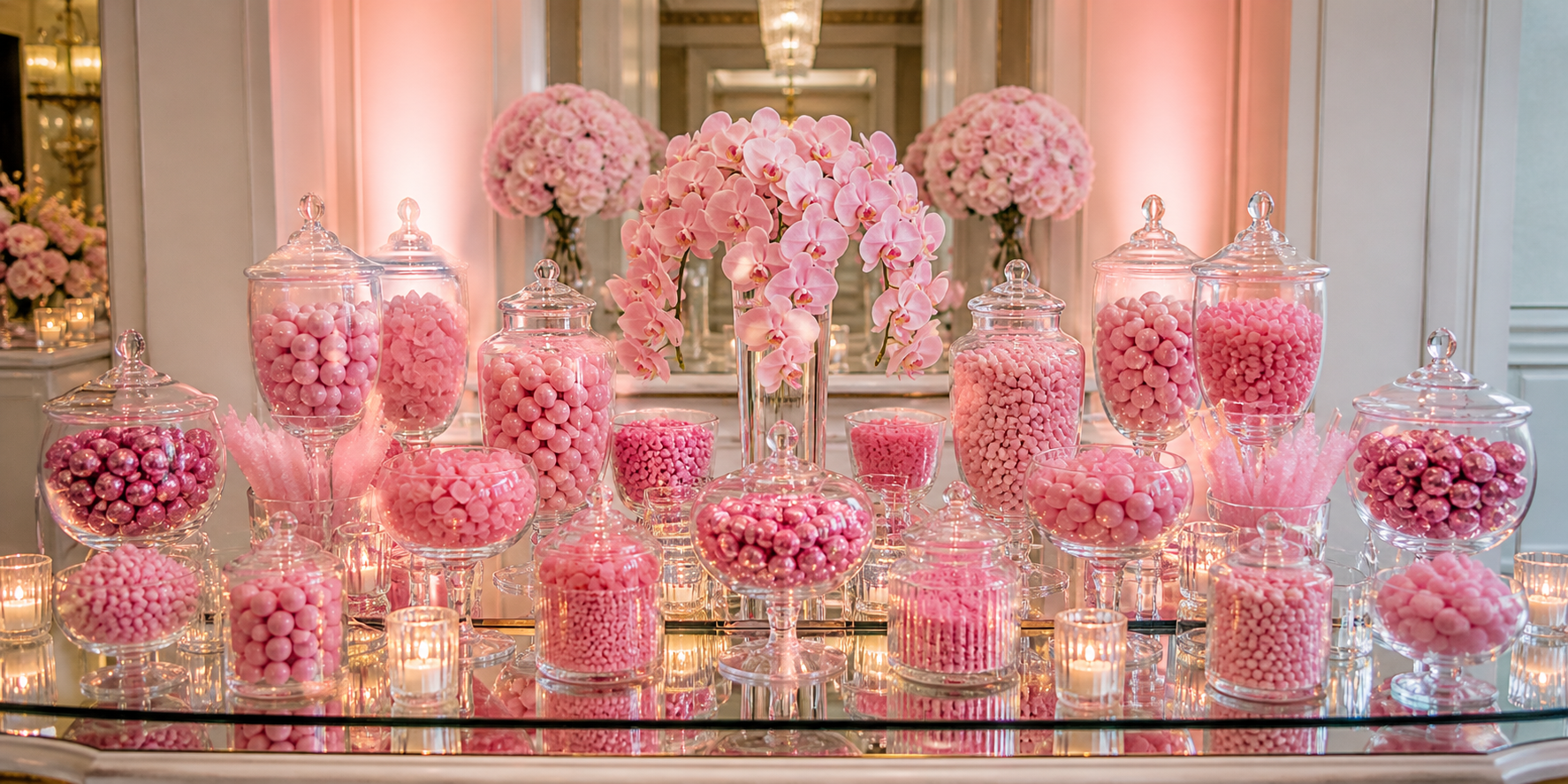 Modern display featuring clear glass bowls filled with all-pink candies, arranged symmetrically on a mirrored surface with ambient lighting.