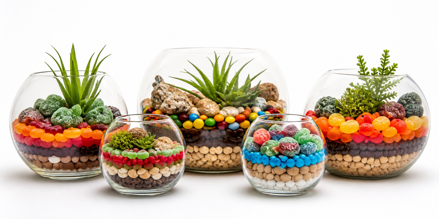 Round glass terrarium vases layered with colorful candies resembling natural landscapes, set against a white background.