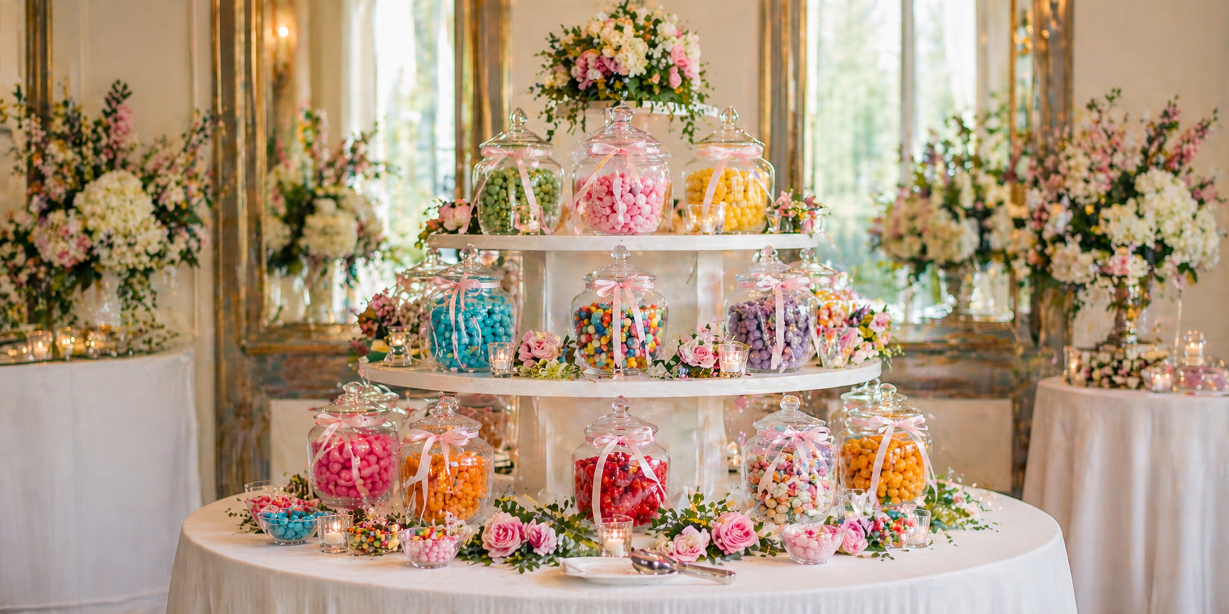 Three-tier stand holding glass vases brimming with colorful candies, accented by ribbons and floral details in a festive setting.