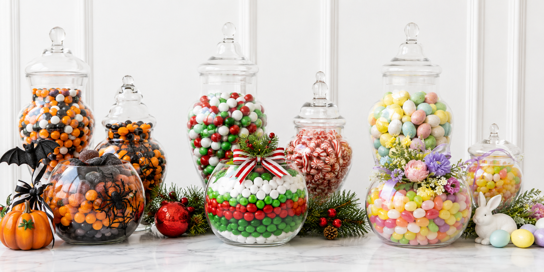 Holiday-themed candy vases featuring festive color palettes—orange and black for Halloween, red and green for Christmas, and pastel tones for spring.