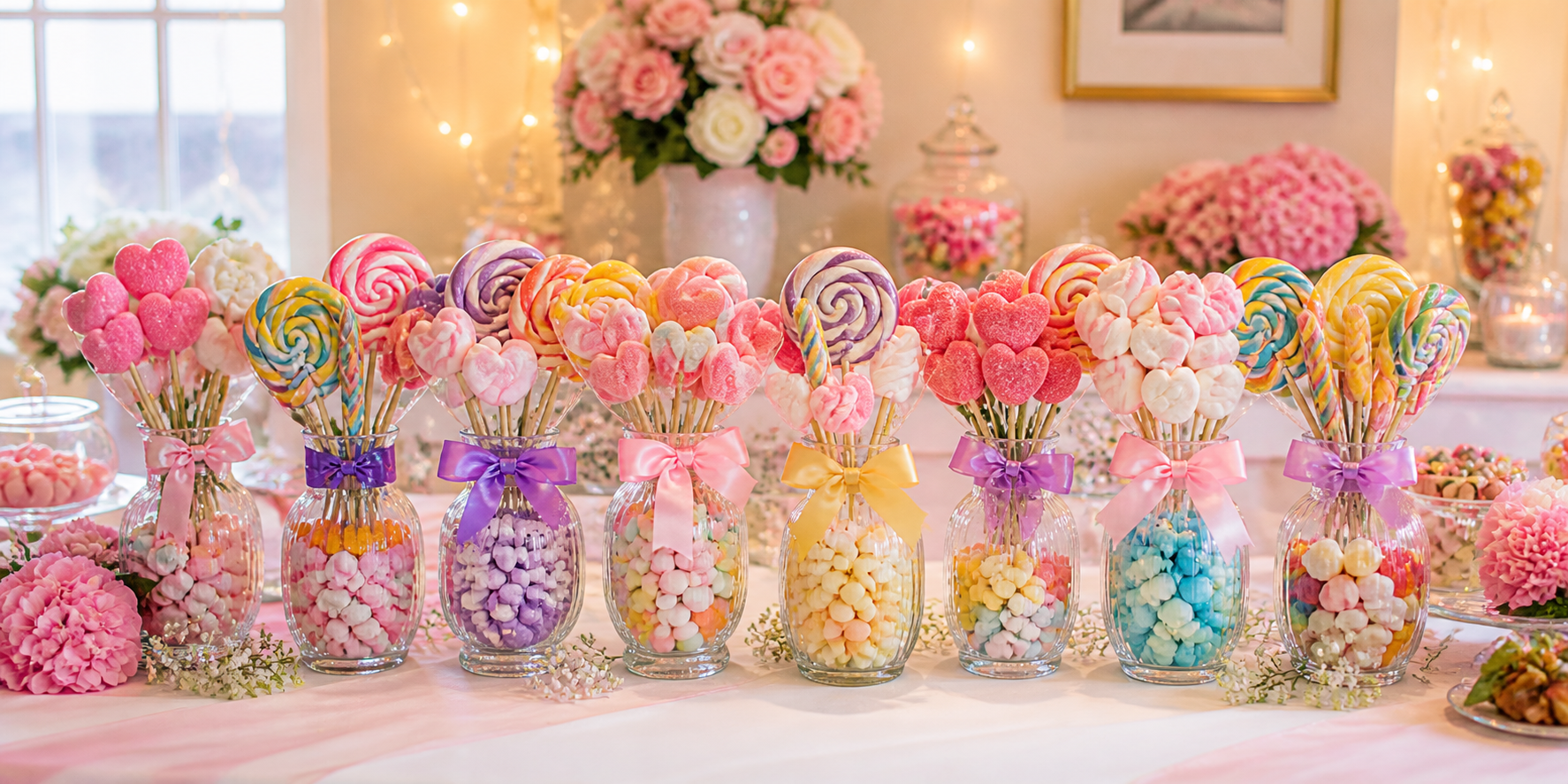 Small glass vases filled with lollipop and marshmallow candy bouquets, arranged on a table with bright, cheerful decor.
