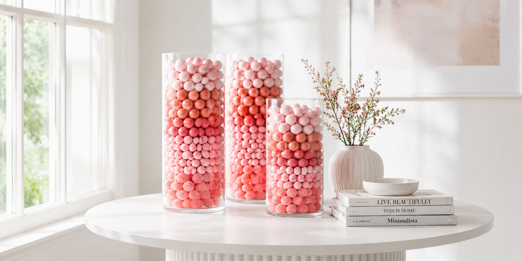 Tall cylindrical vases displaying gradient layers of candies in soft pink and coral tones, arranged on a white minimalist table with natural lighting.