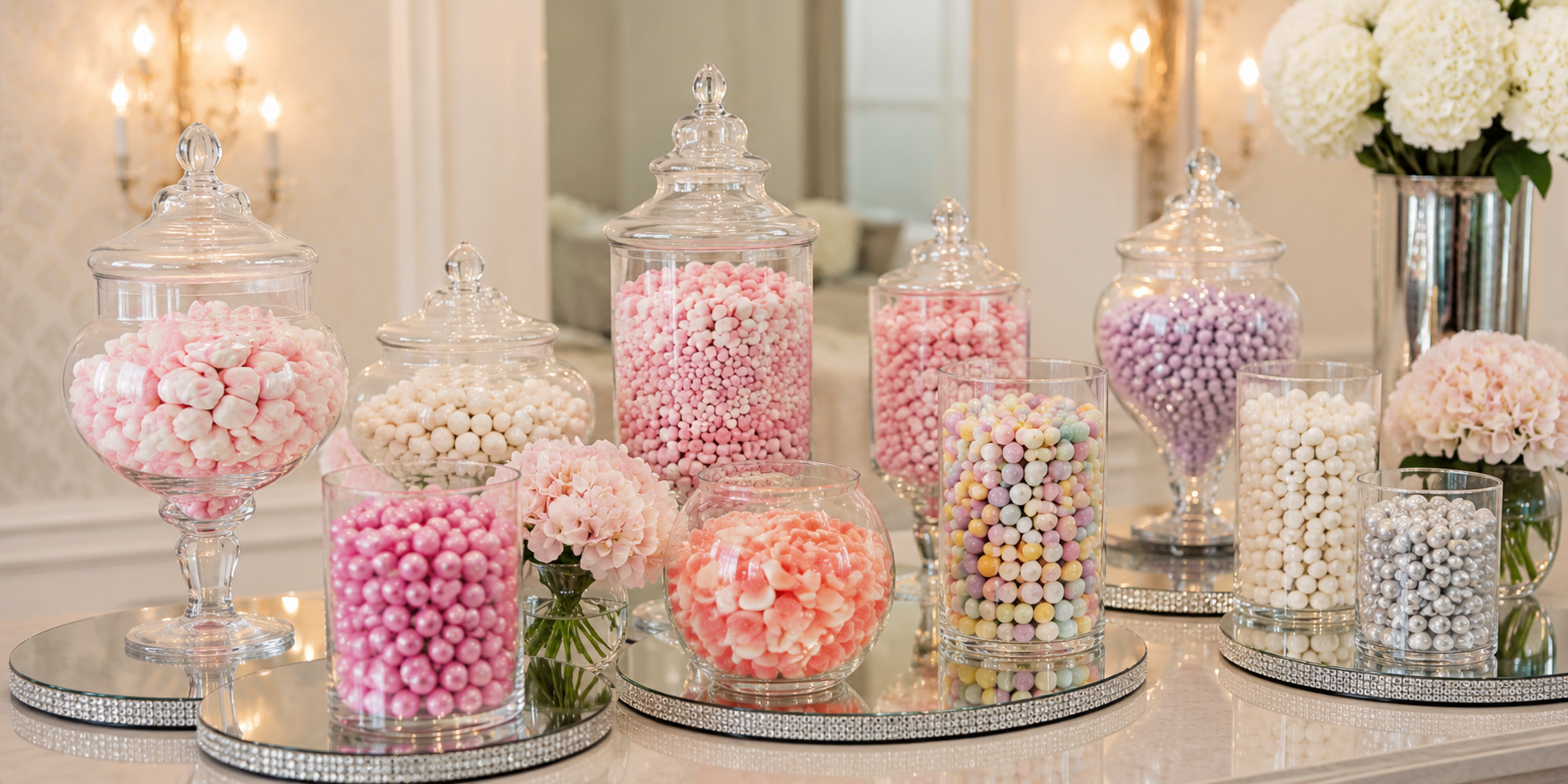 Candy vases displayed on mirrored bases, reflecting colorful candies and soft ambient lighting in an elegant setting.
