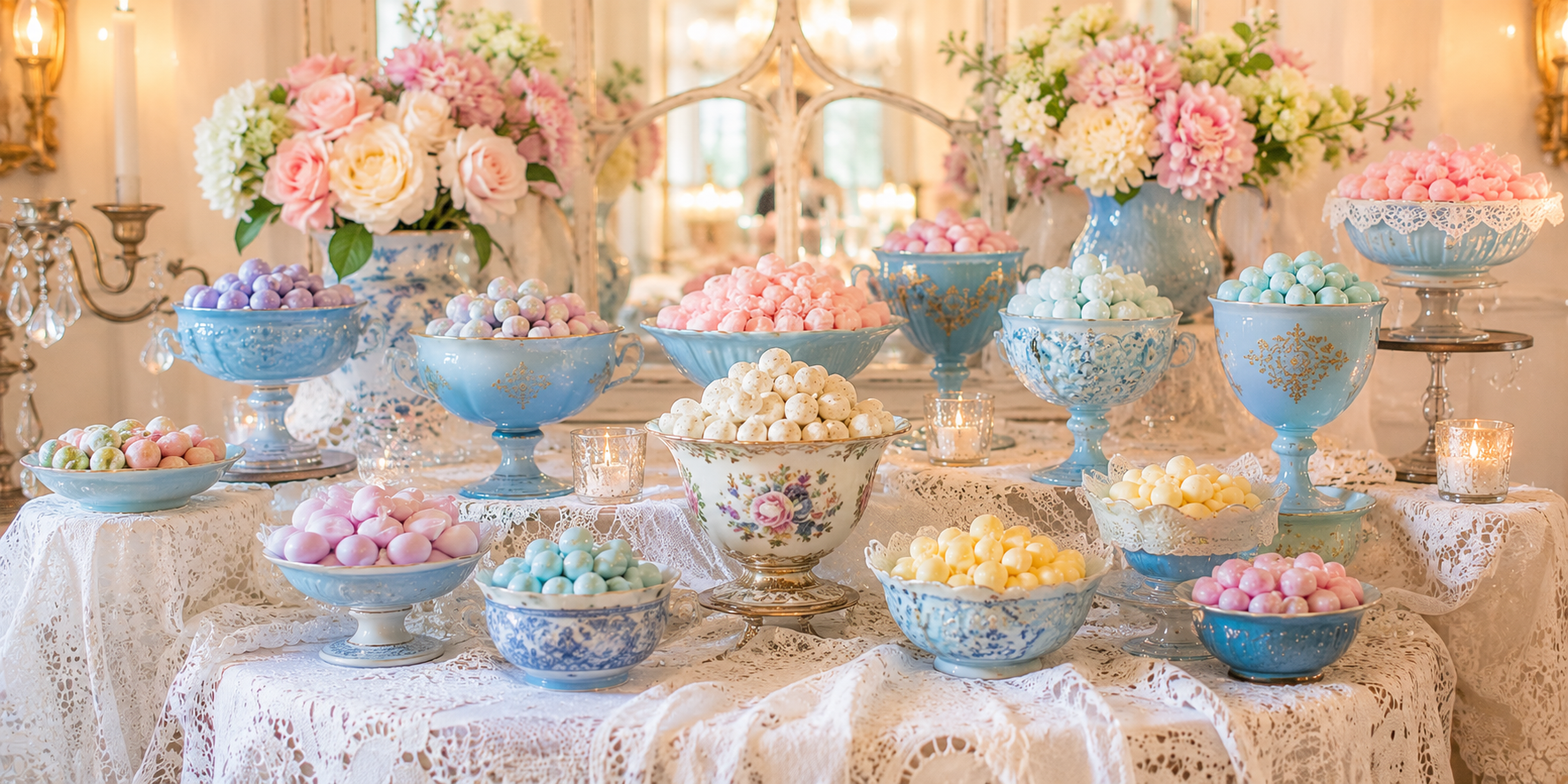 Assorted vintage glass bowls and goblets filled with pastel candies, styled on a lace-draped table with gentle golden lighting.