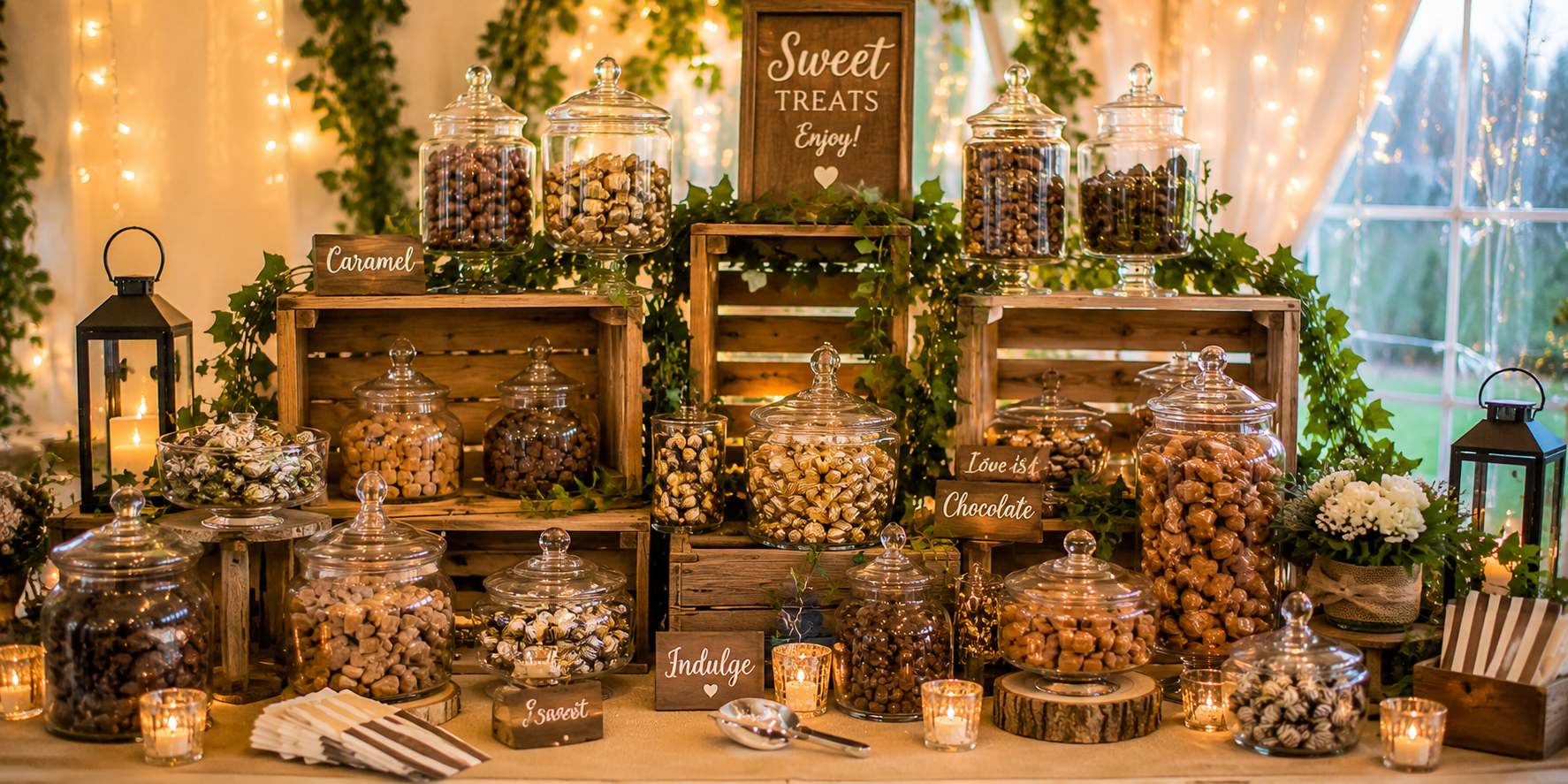 Wooden crates stacked as rustic shelves holding glass jars of caramel and chocolate candies, surrounded by greenery and twinkling fairy lights.