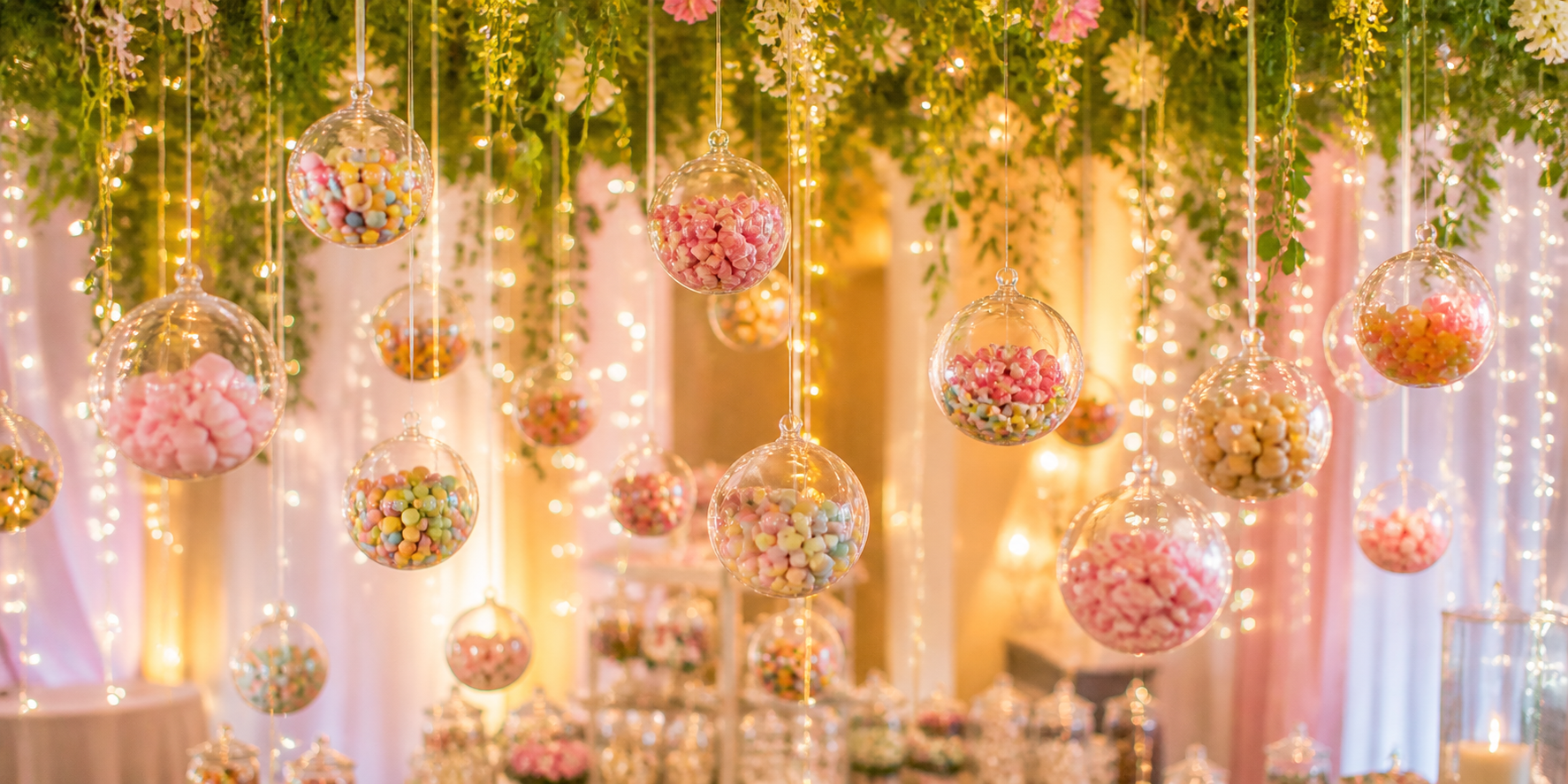 Suspended transparent globes filled with colorful candies hanging at varied heights, illuminated by soft fairy lights.