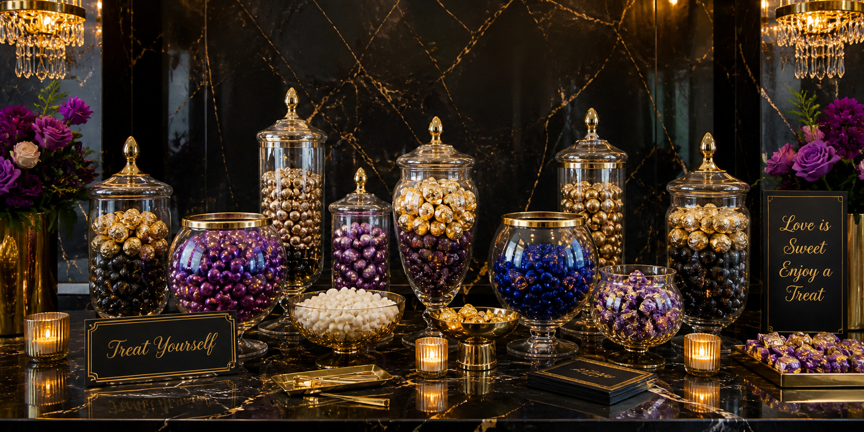 Chic candy bar featuring gold-accented glass vases filled with metallic and jewel-toned candies, set against a dark marble background.
