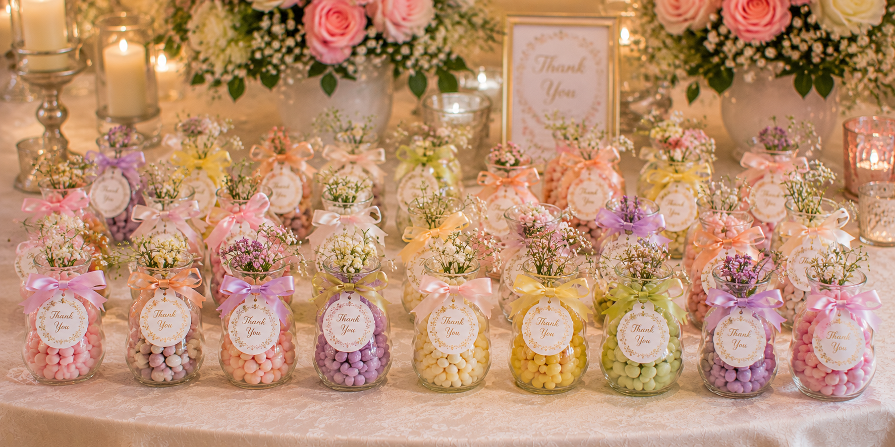Mini glass vases filled with colorful candies, each tied with a ribbon and personalized tag, arranged neatly as party favors on an elegant table.