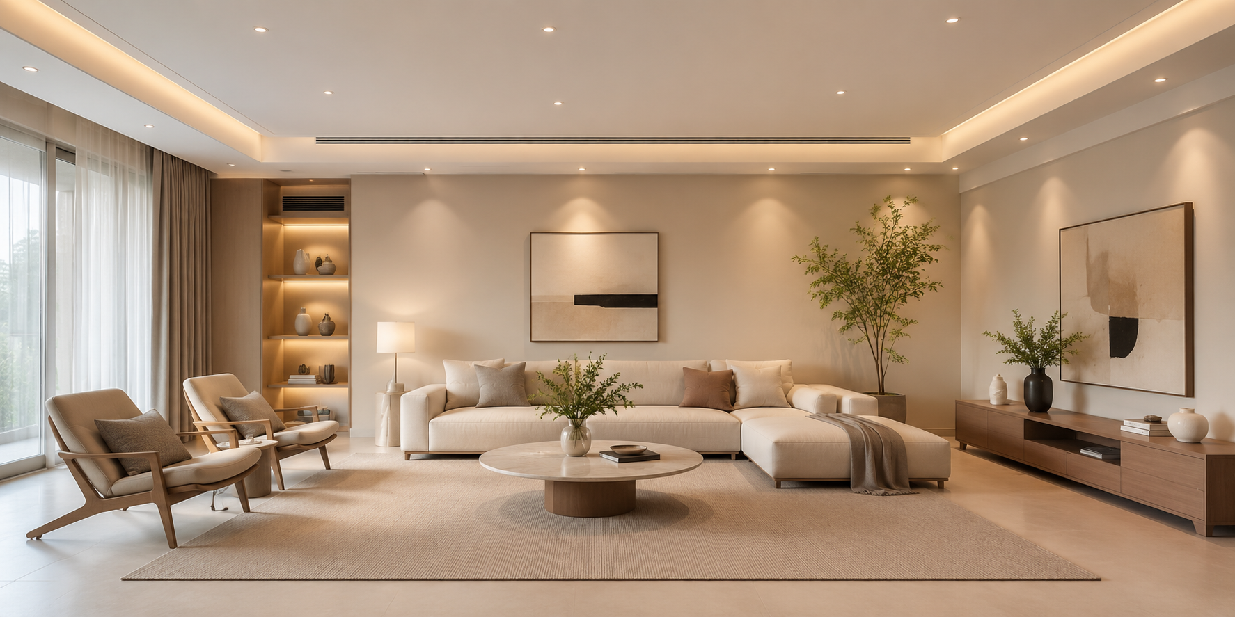 Minimalist living room with smooth white ceiling, soft natural light, and contemporary recessed lighting. Walls painted warm beige with subtle décor accents.