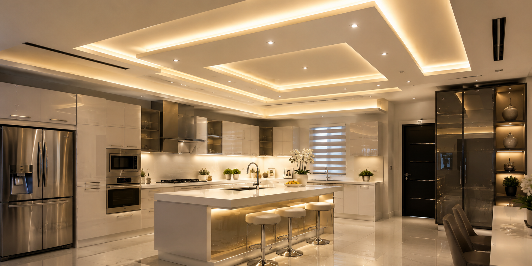 Modern kitchen with recessed LED ceiling panels emitting warm light, creating a sleek, futuristic atmosphere.
