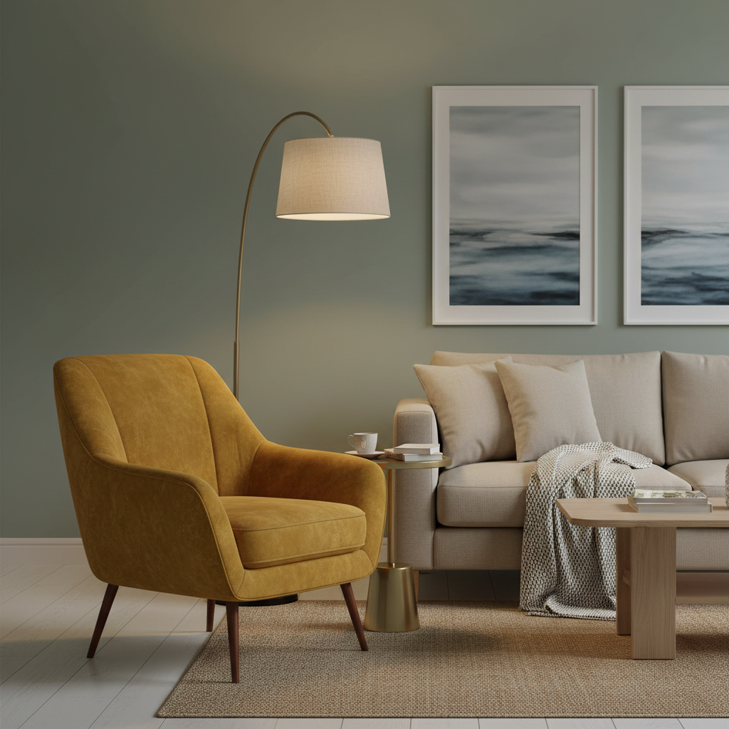 Sage green living room with a mustard yellow statement armchair as a warm focal point