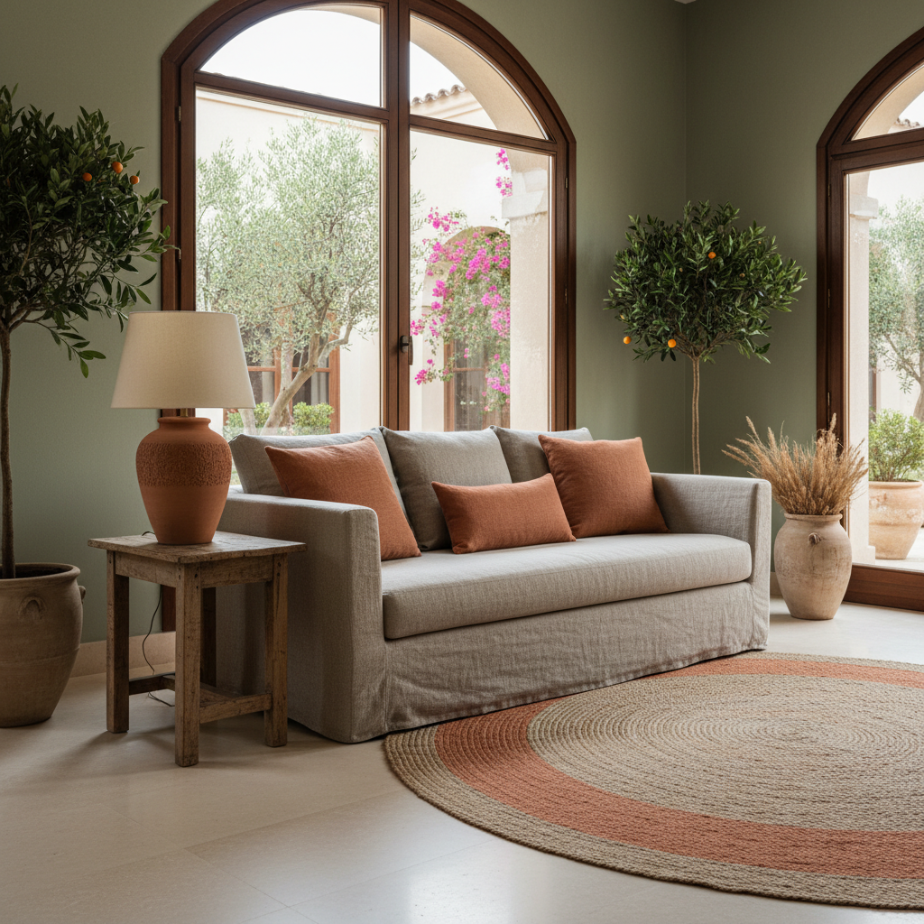 Sage green living room walls with terracotta accent cushions and earthy ceramic accessories