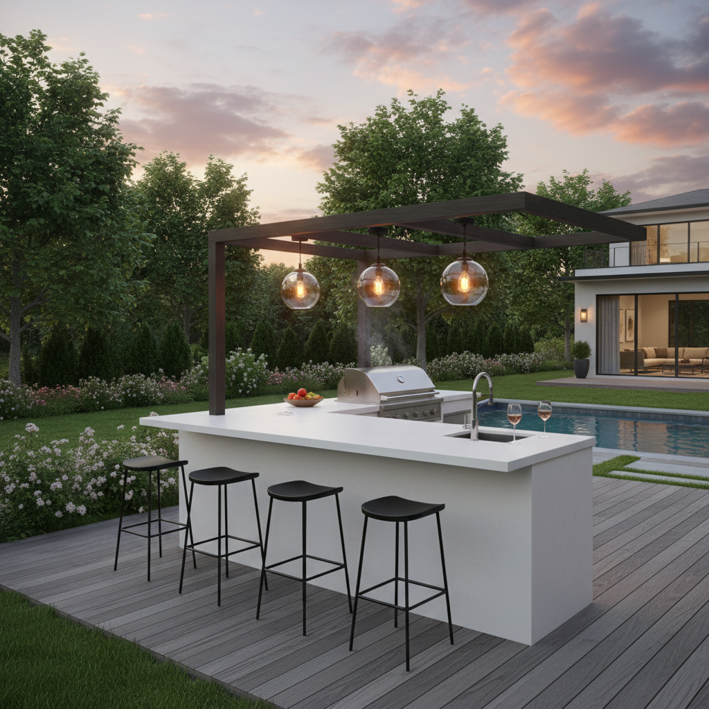 L-shaped white concrete outdoor kitchen island with black bar stools, pendant lights above, wood deck flooring, summer evening