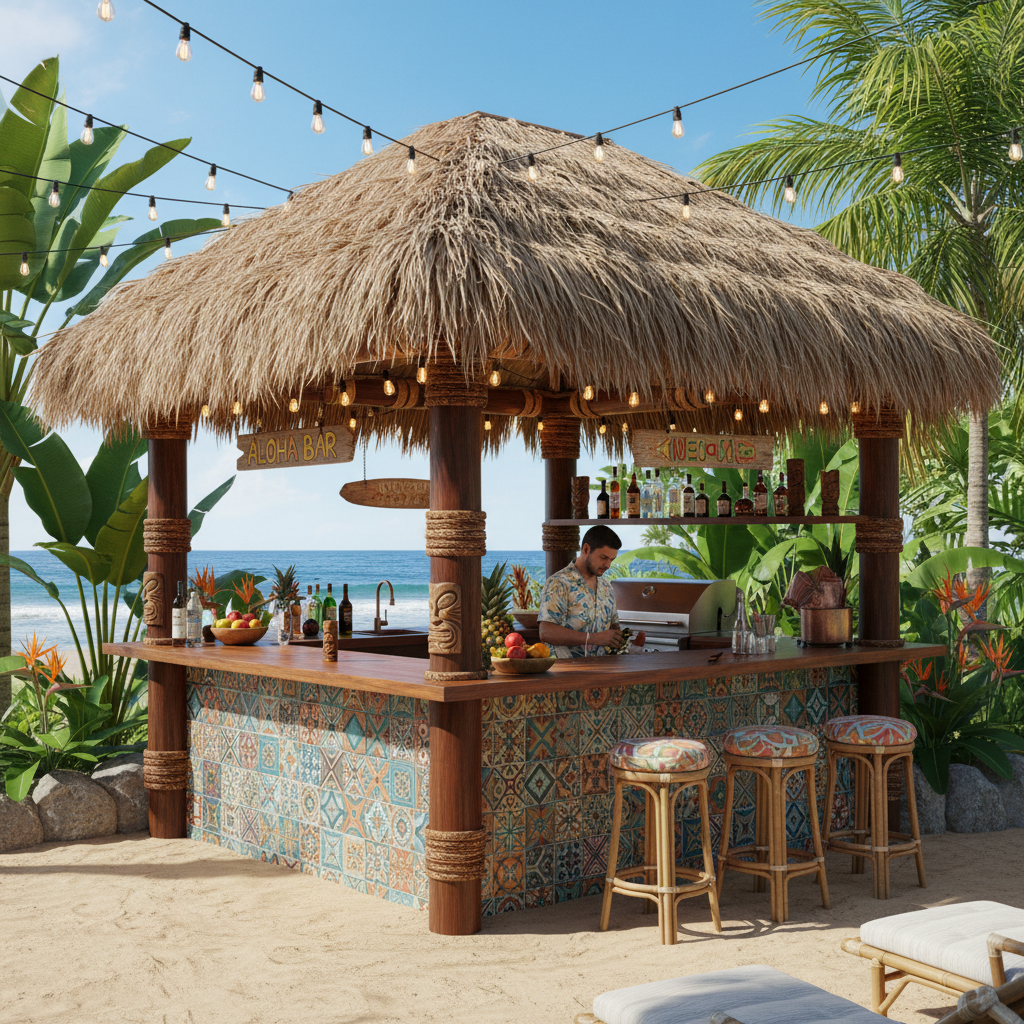 Outdoor tiki bar kitchen with bamboo trim, thatched roof overhang, tropical plants, colorful tiled bar front and string lights