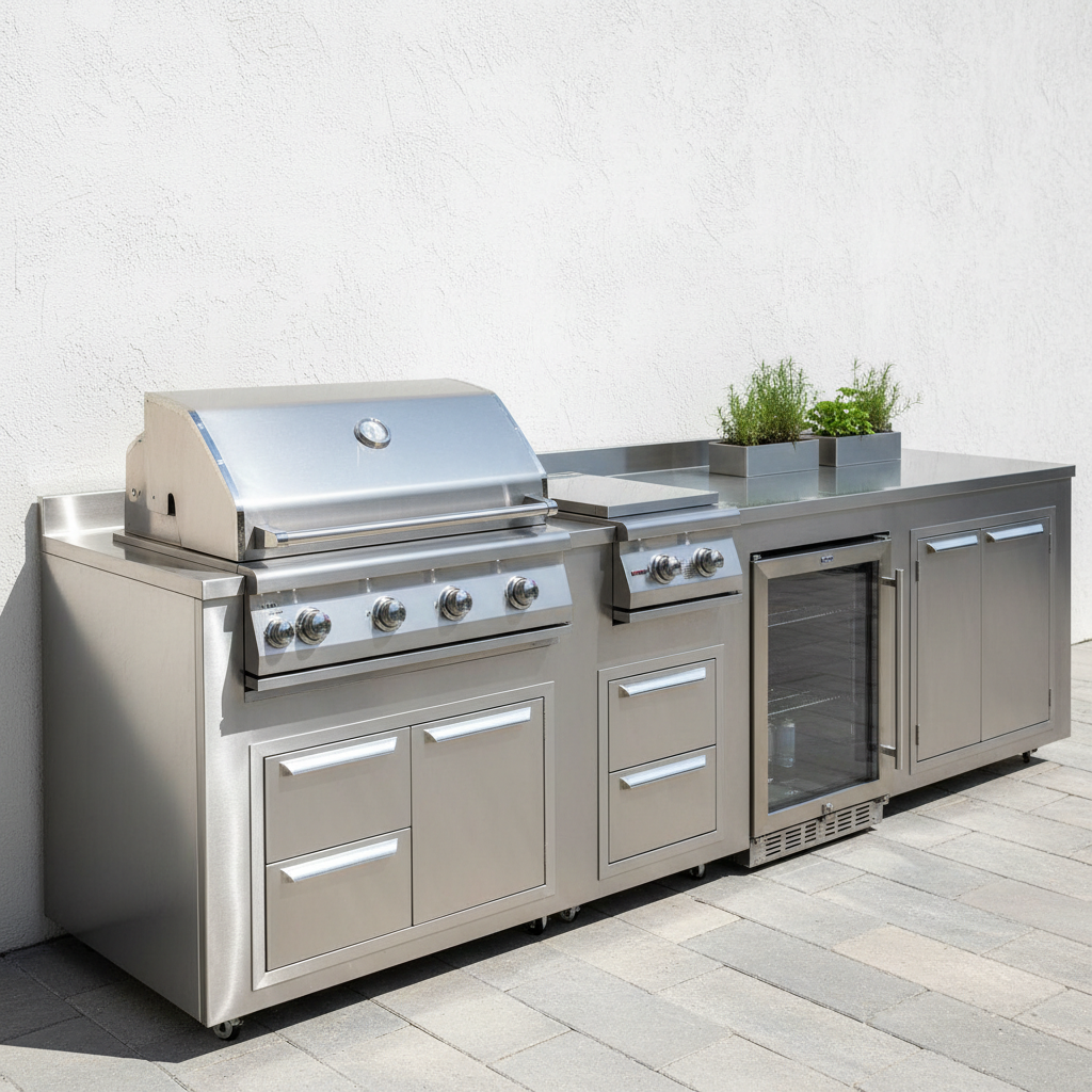 Fully stainless steel outdoor kitchen with grill, side burner, refrigerator and storage drawers against white stucco wall, bright daylight