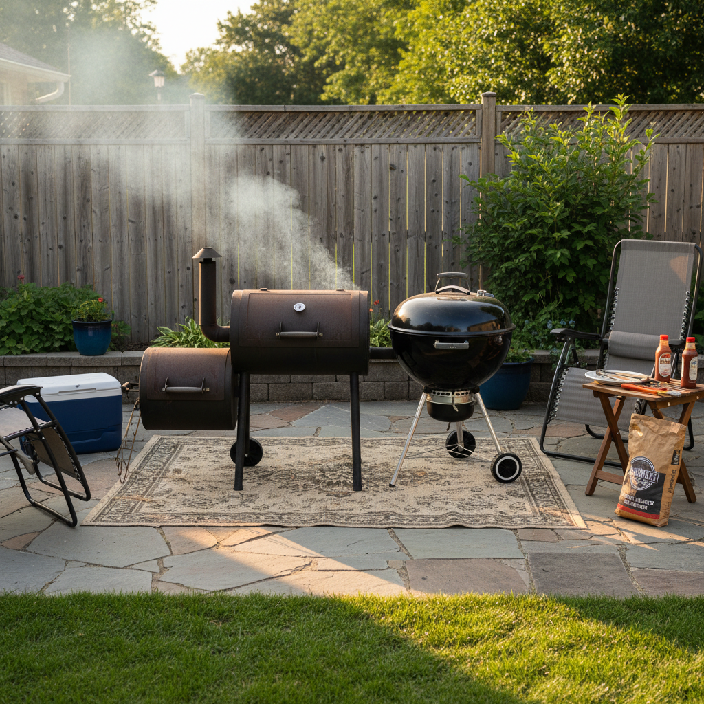Offset barrel smoker and black kettle BBQ side by side on wide patio, smoke rising gently, cedar fence background, casual weekend backyard