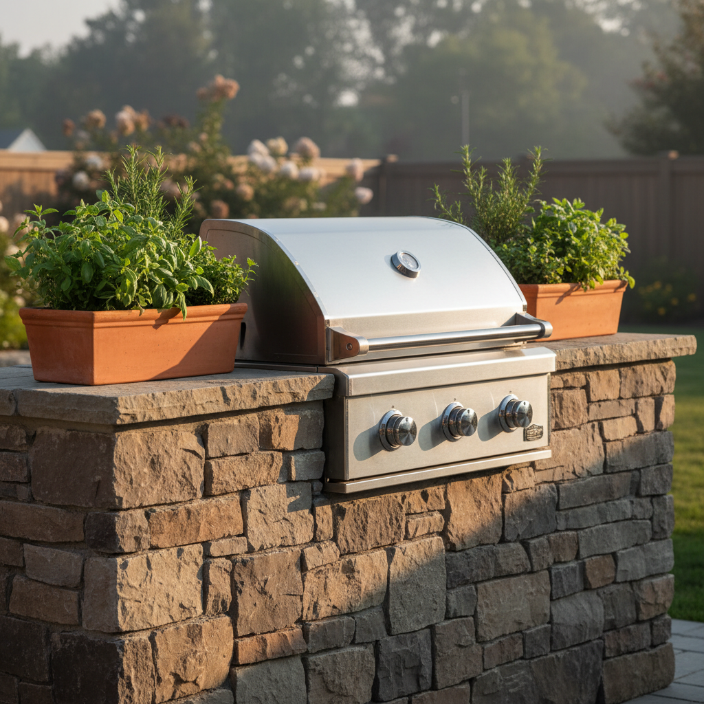 Built-in gas grill set into a natural fieldstone island, stainless steel knobs, herb planters on either side, backyard patio afternoon light