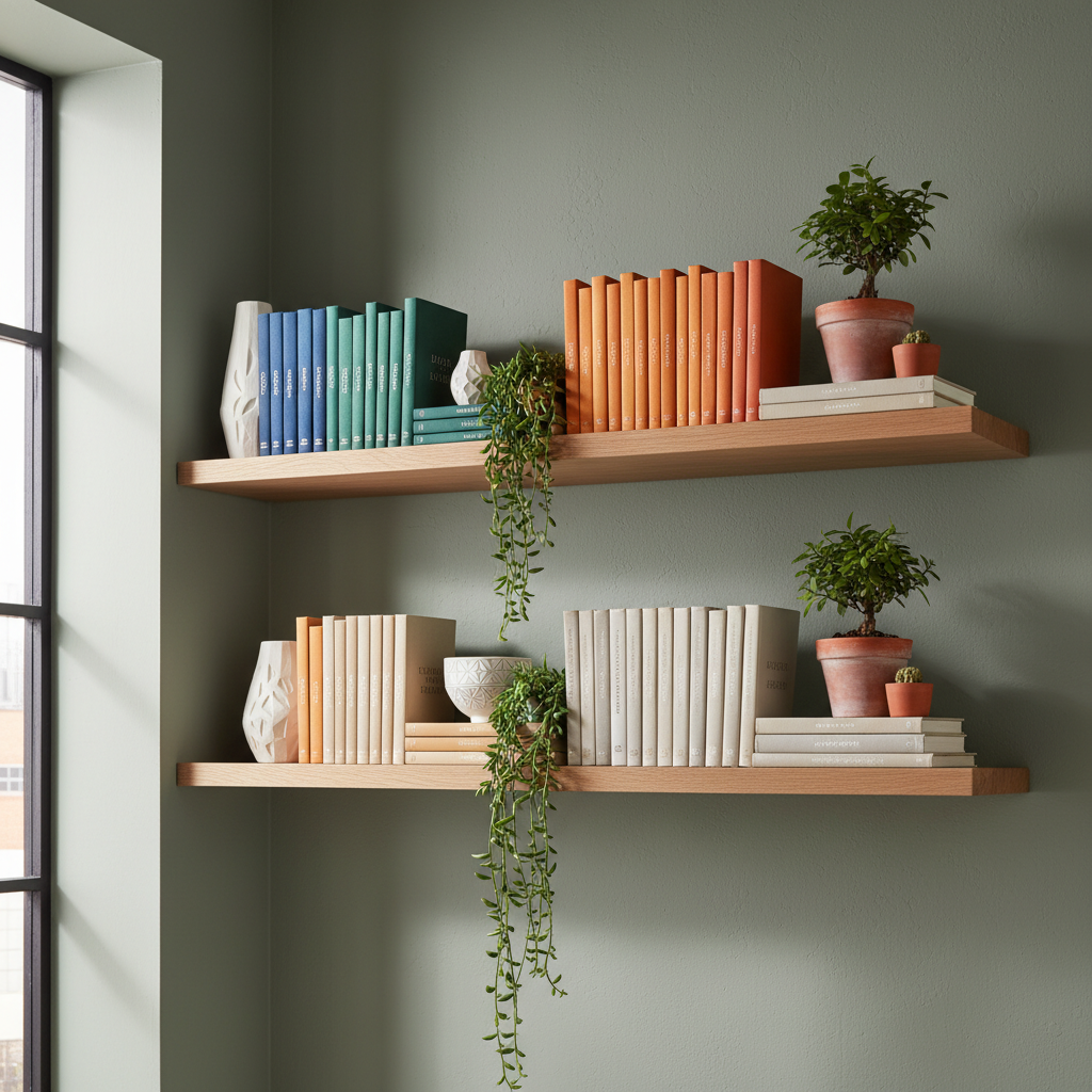 Natural oak floating shelves mounted on sage green walls with curated book and ceramic display