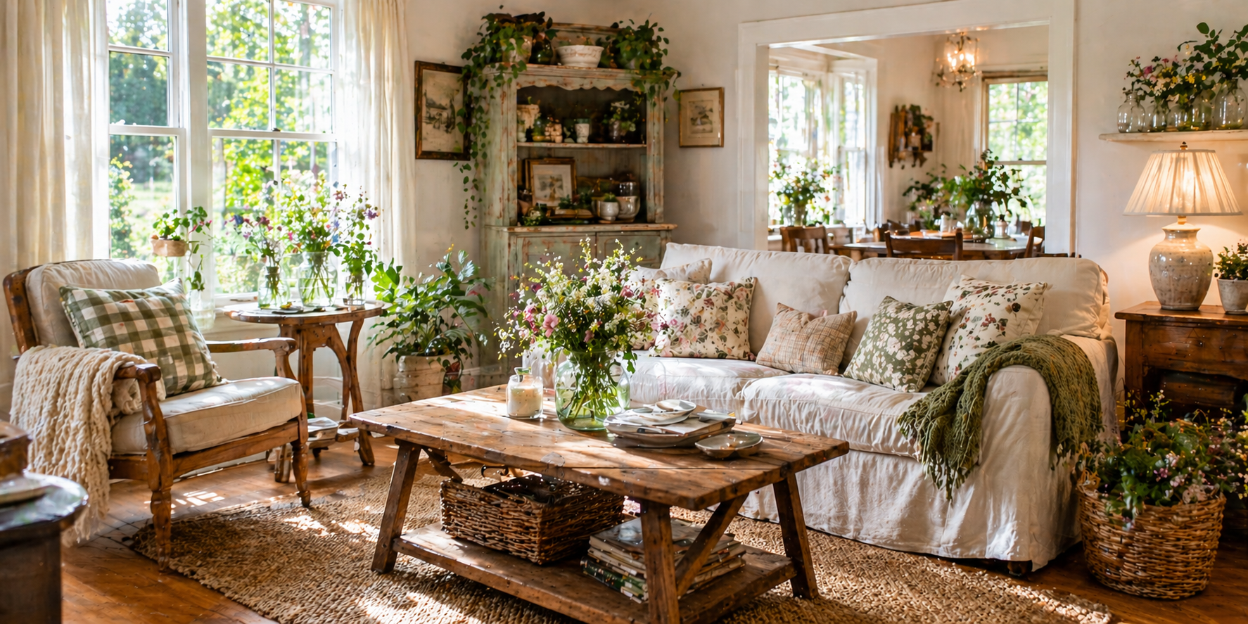 Cottage-inspired living room with indoor plants, flowers in glass jars, wooden table, and natural light through window