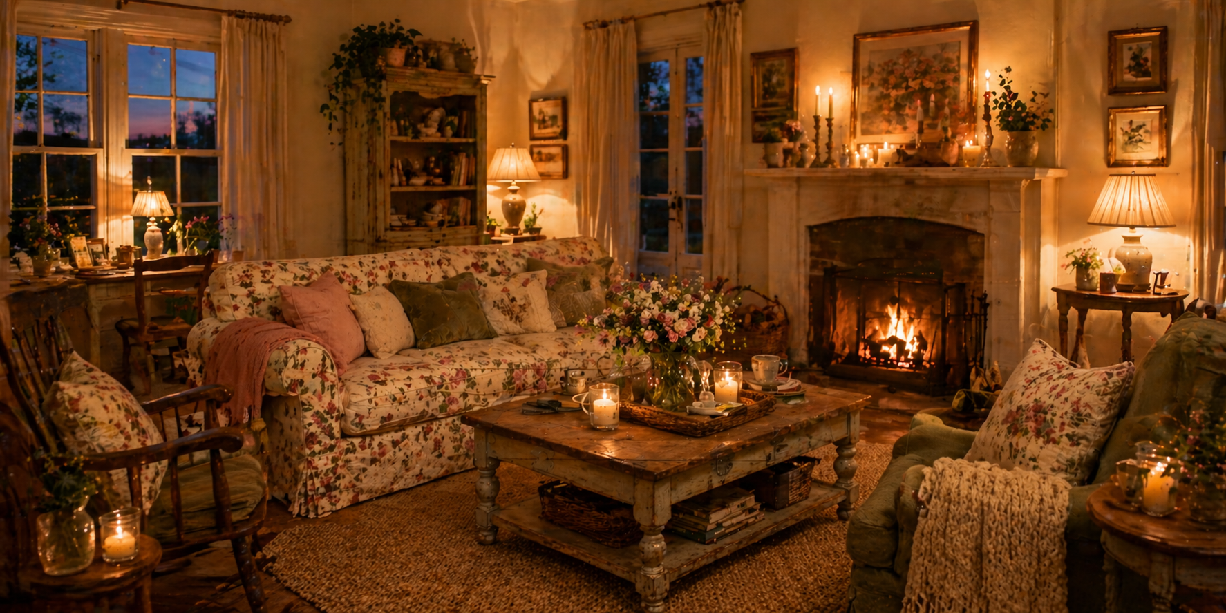 Cottagecore living room at dusk with table lamps, candles on mantel, warm golden lighting