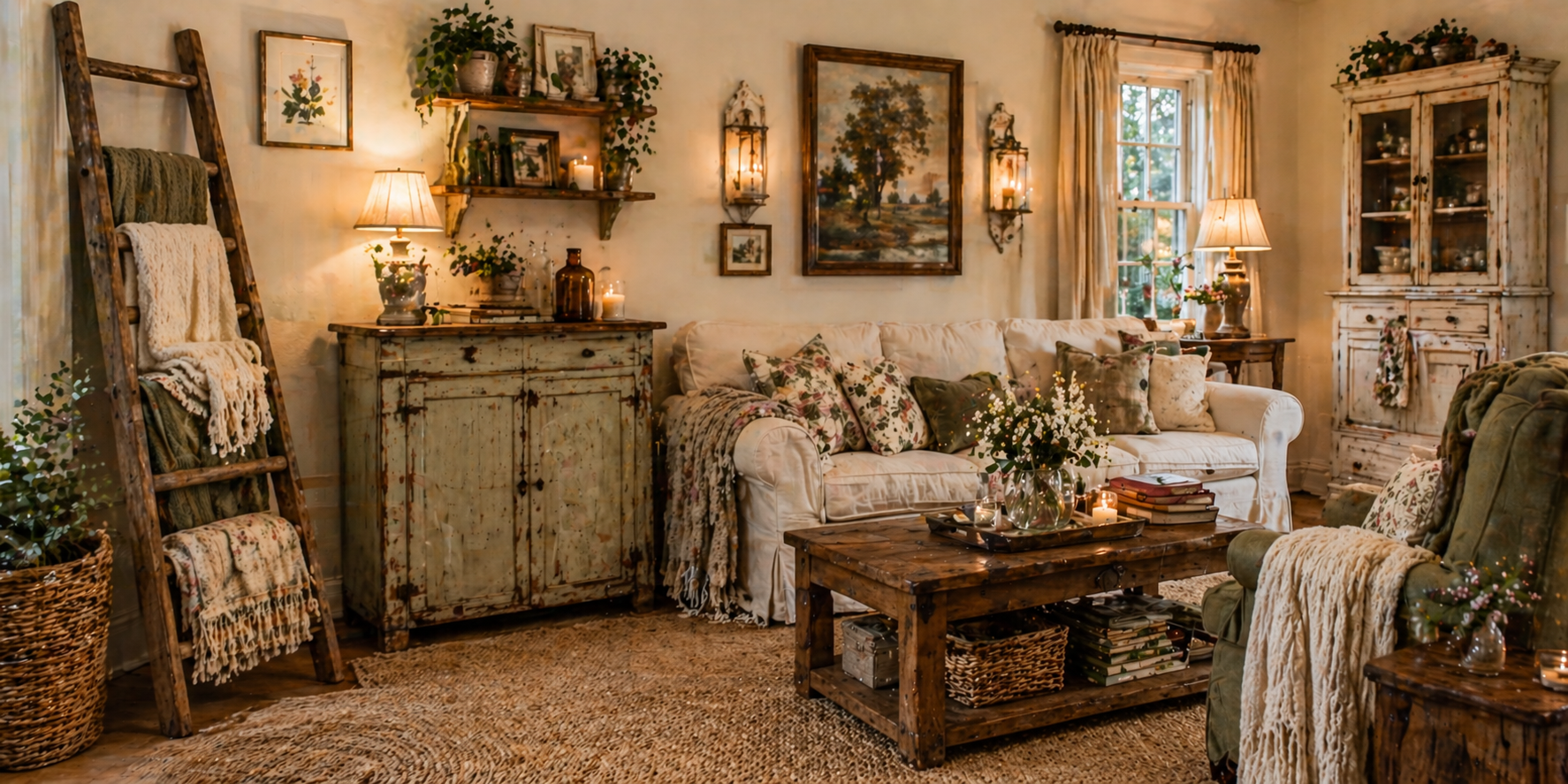 Living room with repurposed wooden ladder holding blankets, upcycled cabinet, and vintage décor under warm lighting