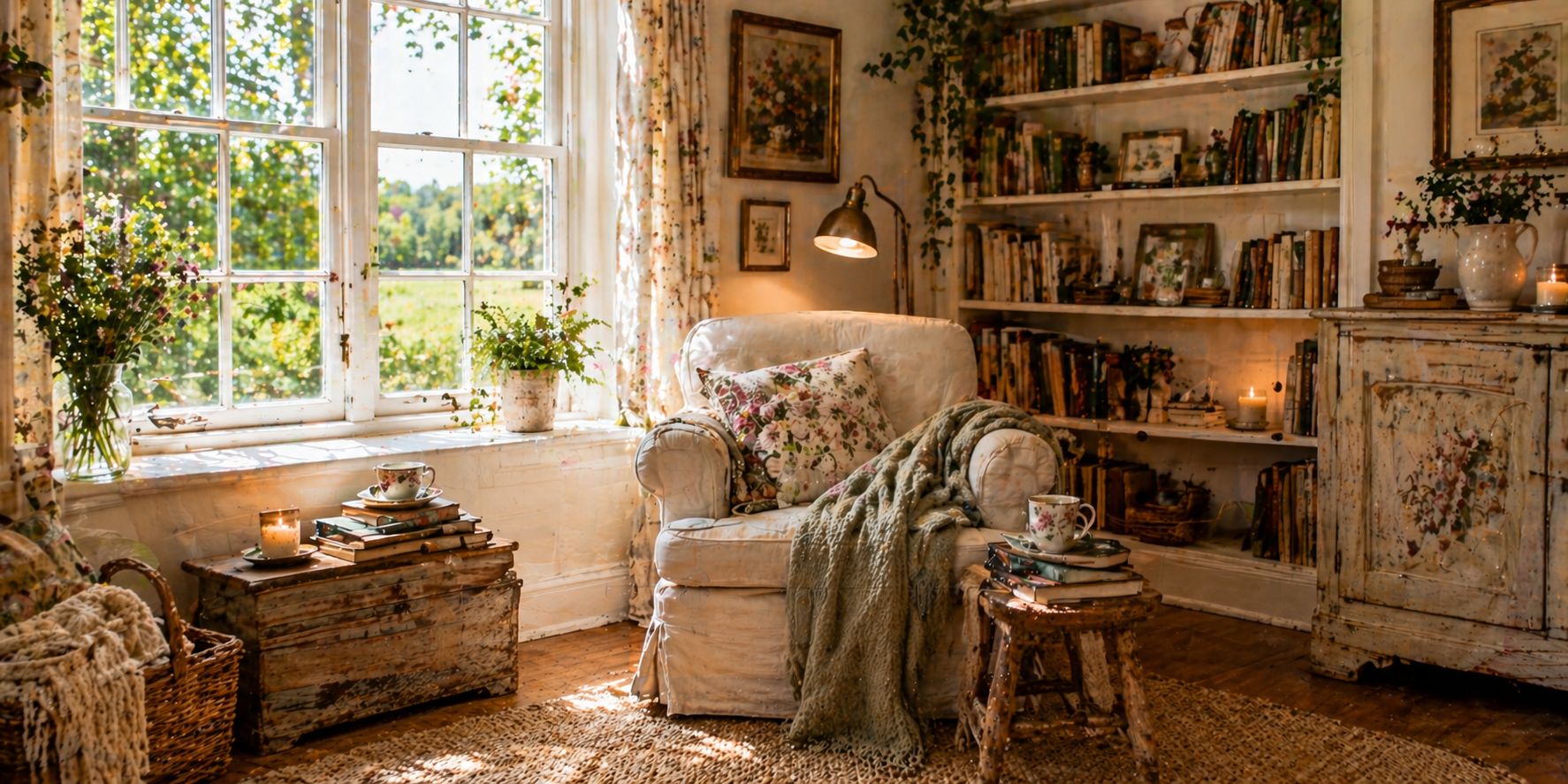Living room with mix of floral, gingham, and striped fabrics, layered rugs, vintage furniture, and soft afternoon light