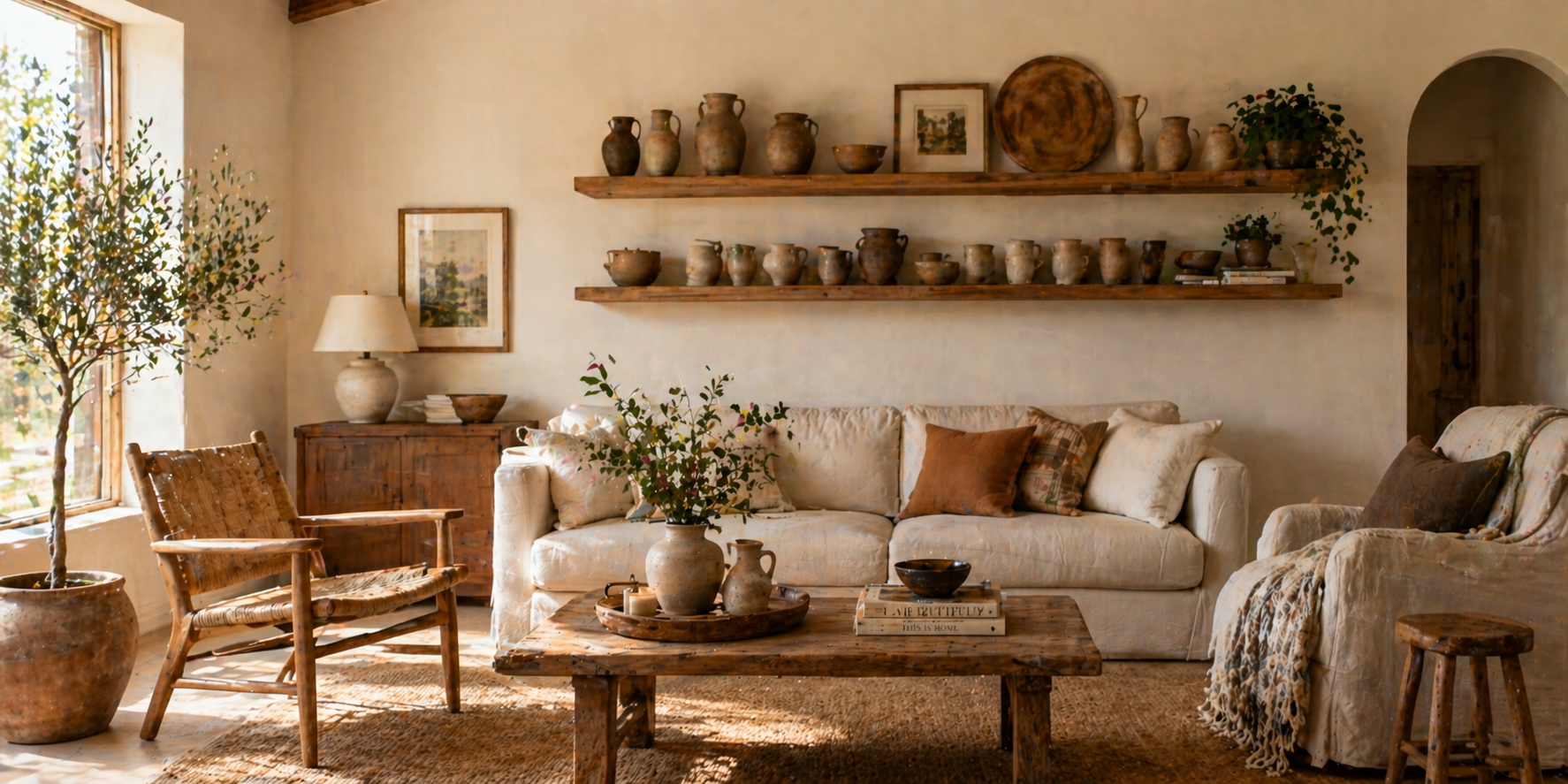 Living room with handmade pottery on wooden shelves, ceramic mugs and vases, rustic decor, and a warm neutral color palette